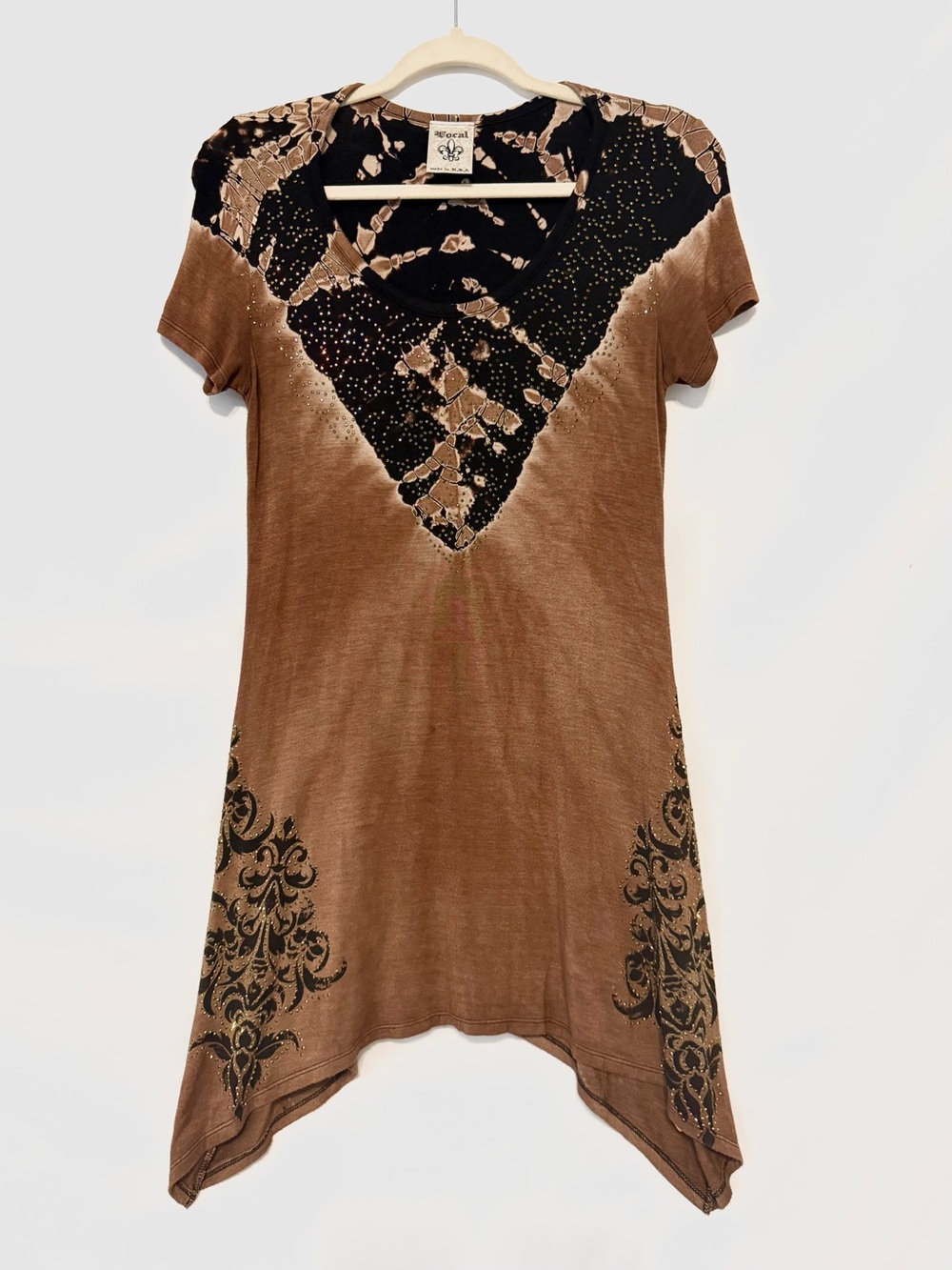 Vocal Brown and Black Short Sleeve V-Neck Tunic Small